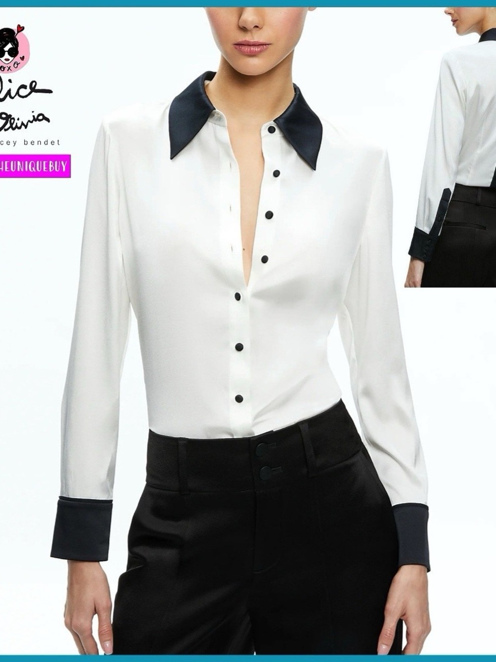 Alice + Olivia White Button-Down Blouse with Black Collar & Cuffs